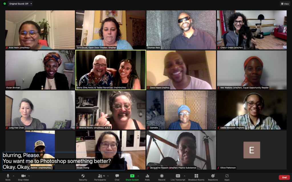 Captioned Zoom screen of a culturally responsive audio description training with a diverse group of participants; artists, actors, and writers of varying age, racial and gender identities.