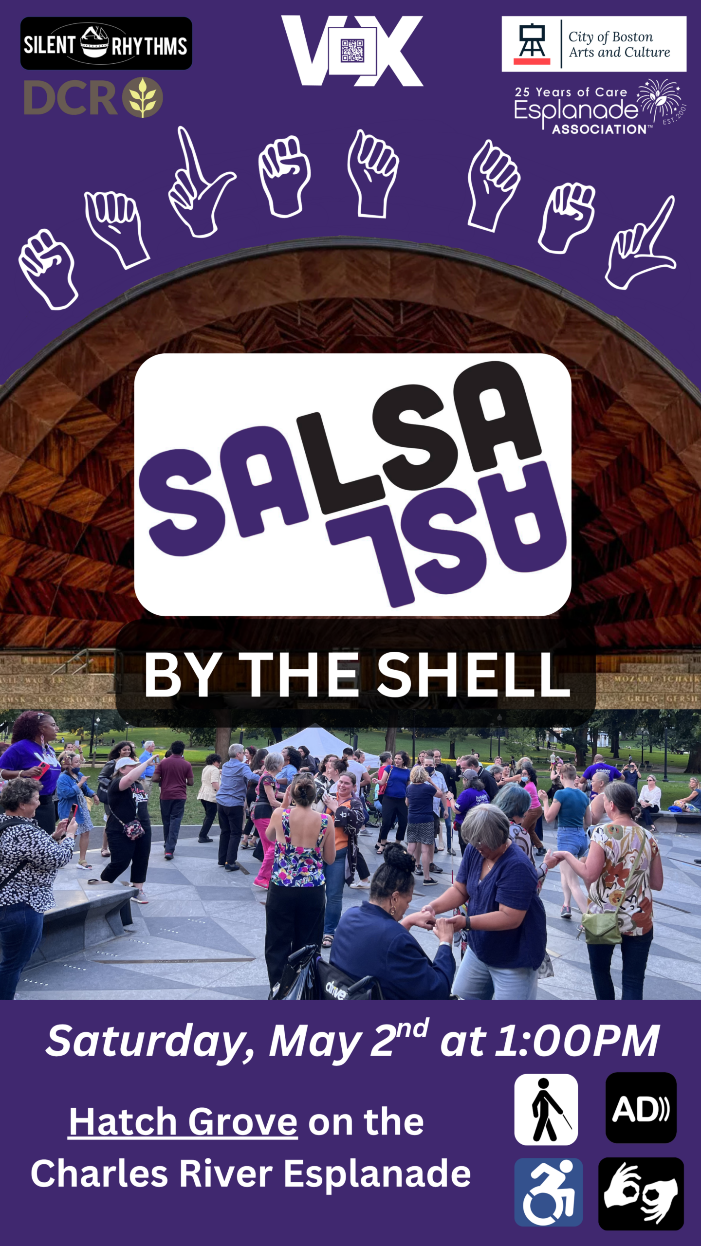  flyer for Salsa ASL by the Shell, Saturday, May 2nd at 1pm. Hatch Grove on the Charles River Esplanade. RSVP at the google form link.