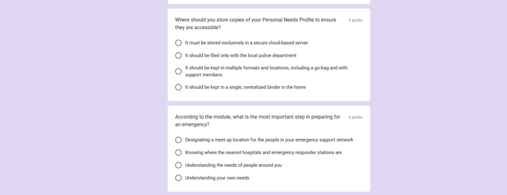 Preview of emergency preparedness module multiple-choice quiz.